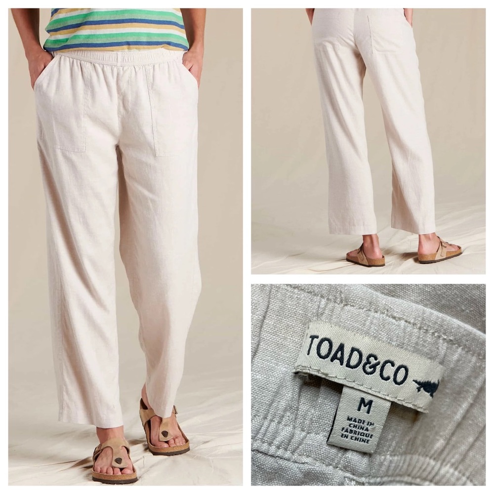 TOAD&CO Pants Pull On Elastic Waist Lightweight Hemp Taj Pocket Tan Oatmeal M